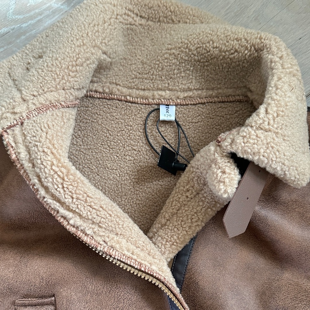 Brown Shearling Aviator Jacket - Faux Suede Bomber - Picture 2 of 4